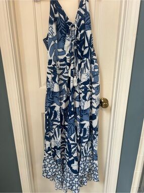 GOA Beachwear Blue and White Tropical Maxi Romper Jumpsuit Tie Front XL